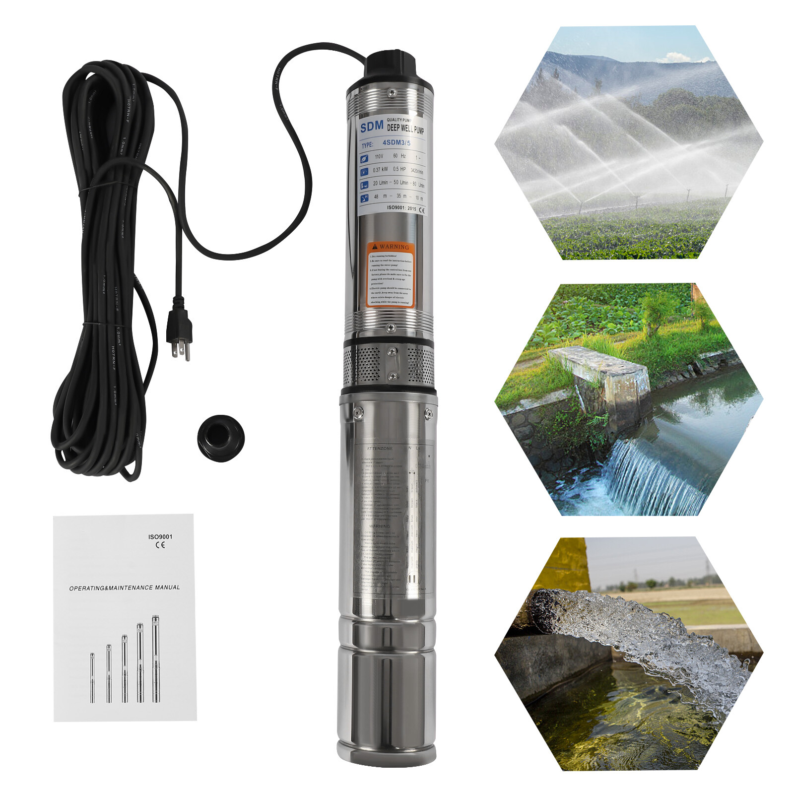 110v Submersible Deep Well Water Pump Stainless Steel 0.5HP 110V 16GPM 157ft
