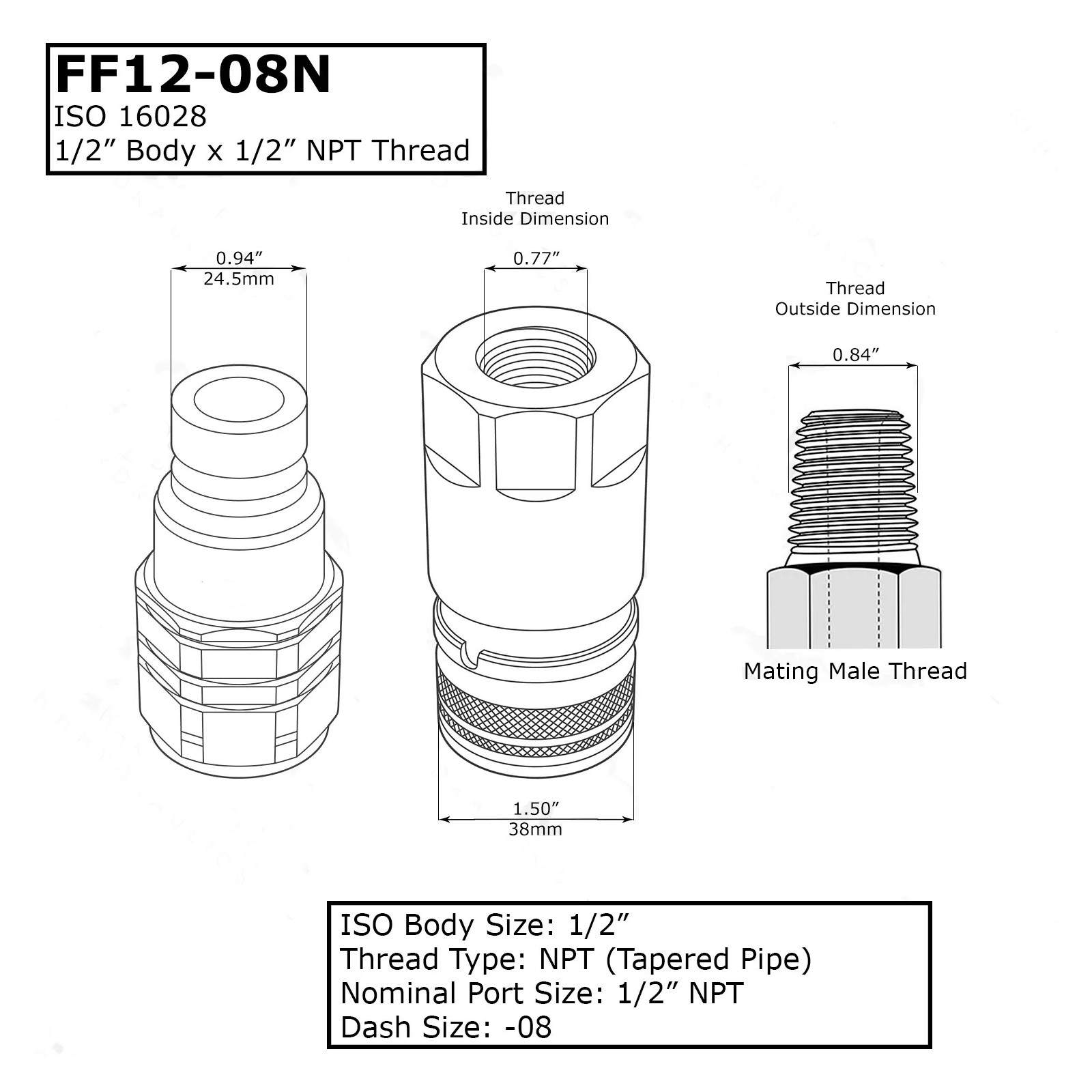 1/2 NPT Flat Face Hydraulic Quick Connect Coupler Coupling Set Skid Steer Bobcat