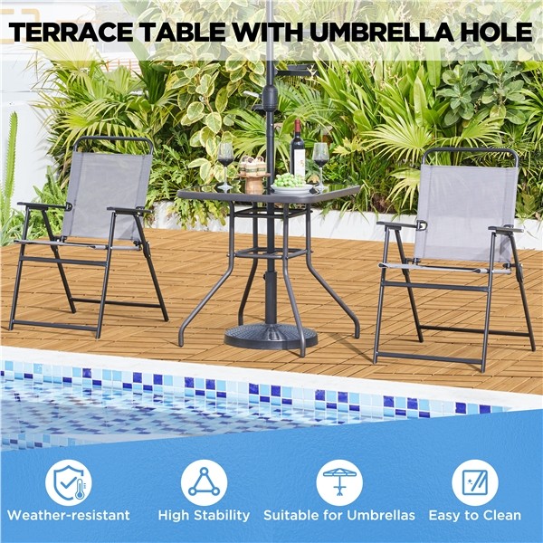 Outdoor Square Patio Bistro Table with Silk Printing Glass Top and Umbrella Hole