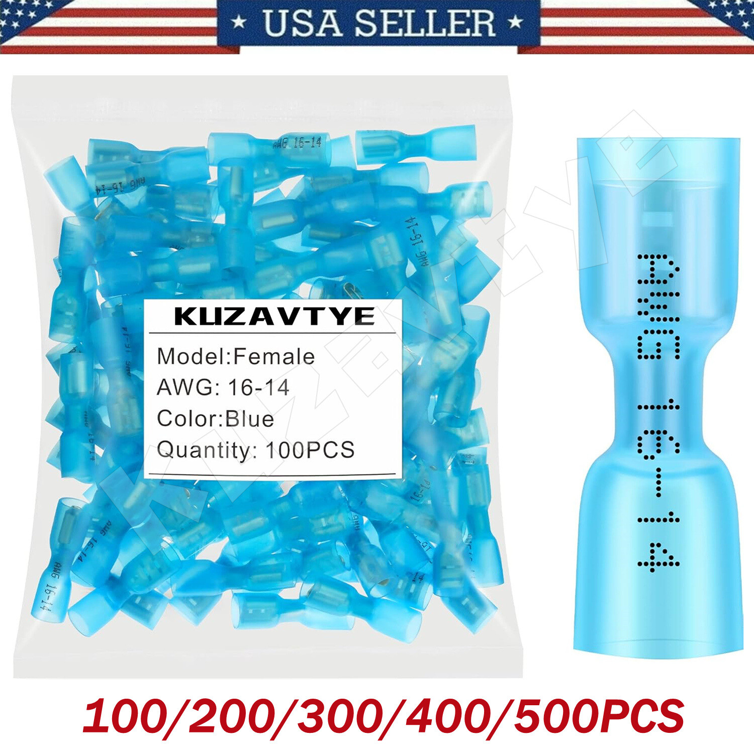 100-500X Female Heat Shrink Spade Wire Connectors 16-14 AWG Crimp Terminals Blue