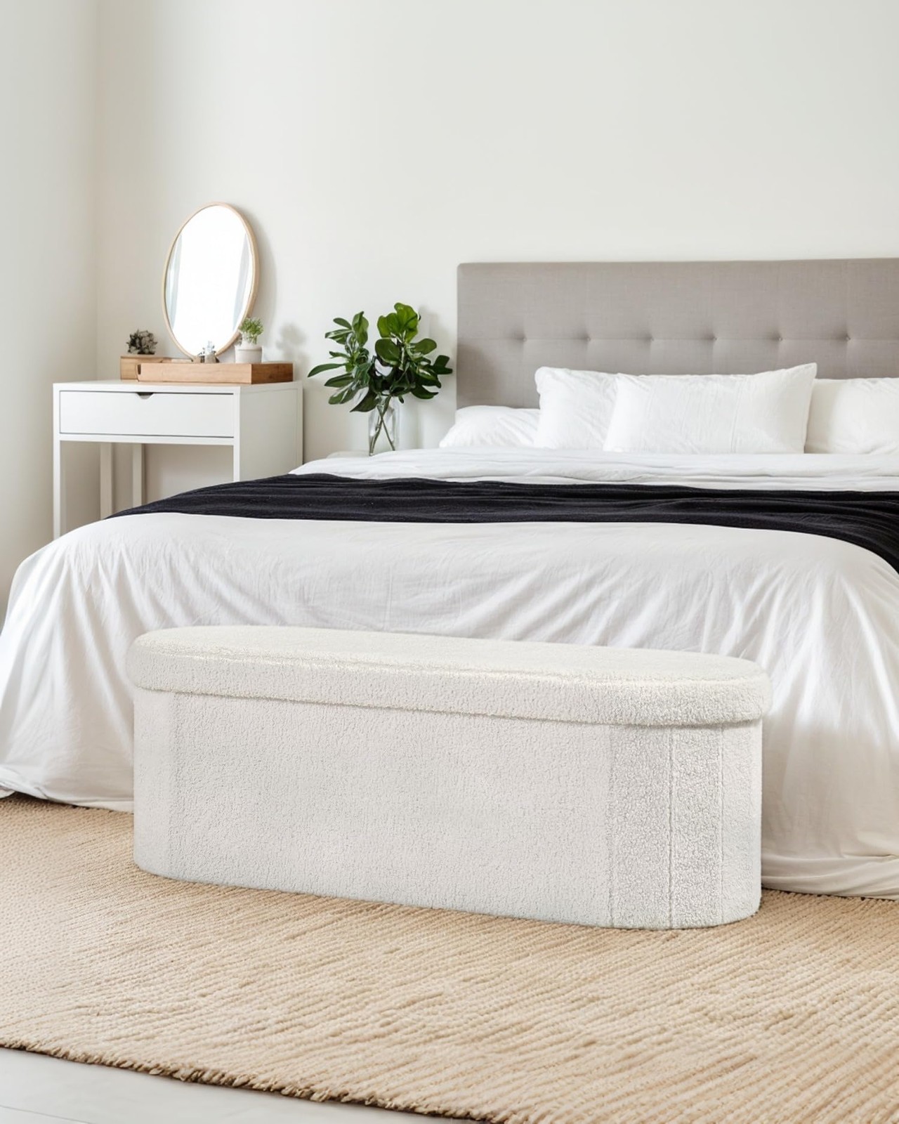 Storage Ottoman Bench, 43.3 Inches Oval Ottoman with Storage, Teddy Boucle Fo...