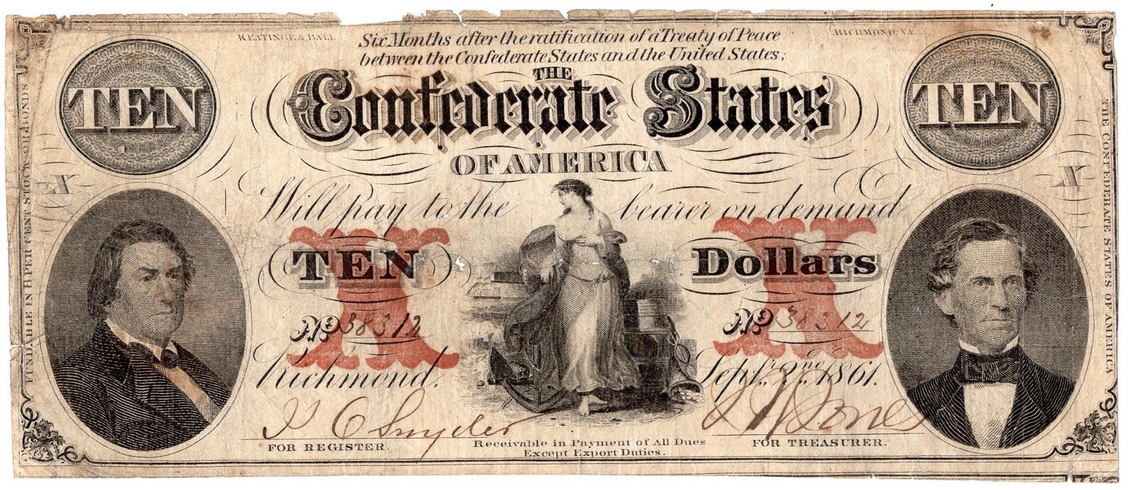 1861 Confederate $10 Note (T-26) Rare Error !