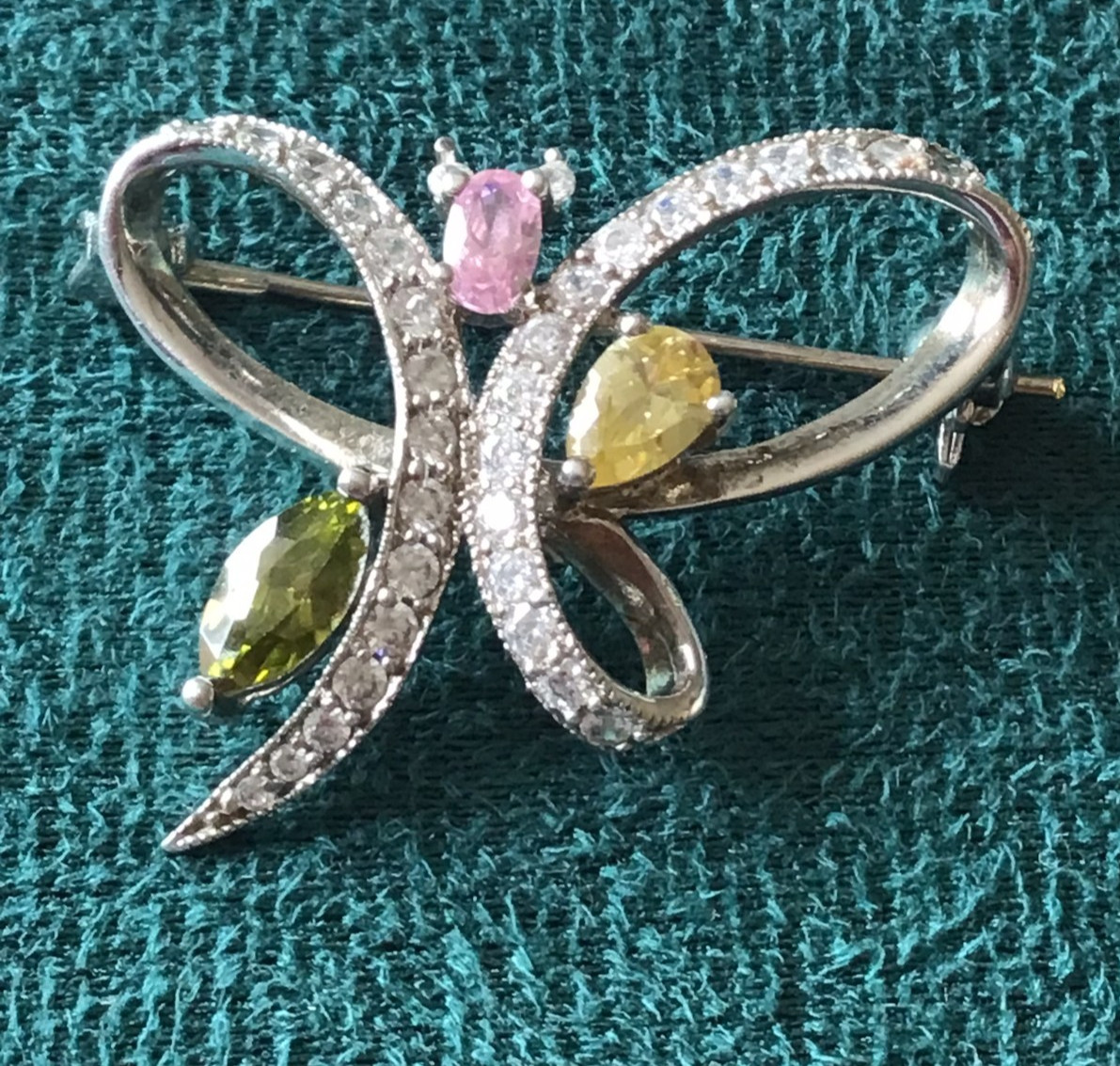 Sterling Silver 3-Gem (Peridot, Pink Tourmaline & Citrine) Butterfly Brooch
