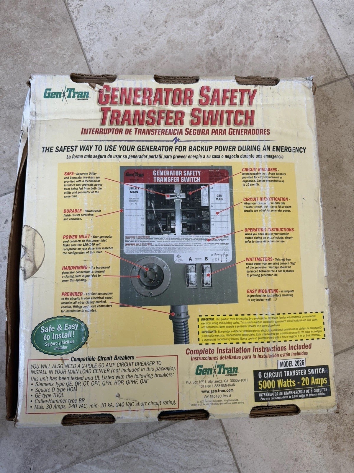 Gen Tran 5000 Watt 20 Amp 6 Circuits Generator Safety Transfer Switch Model 2026