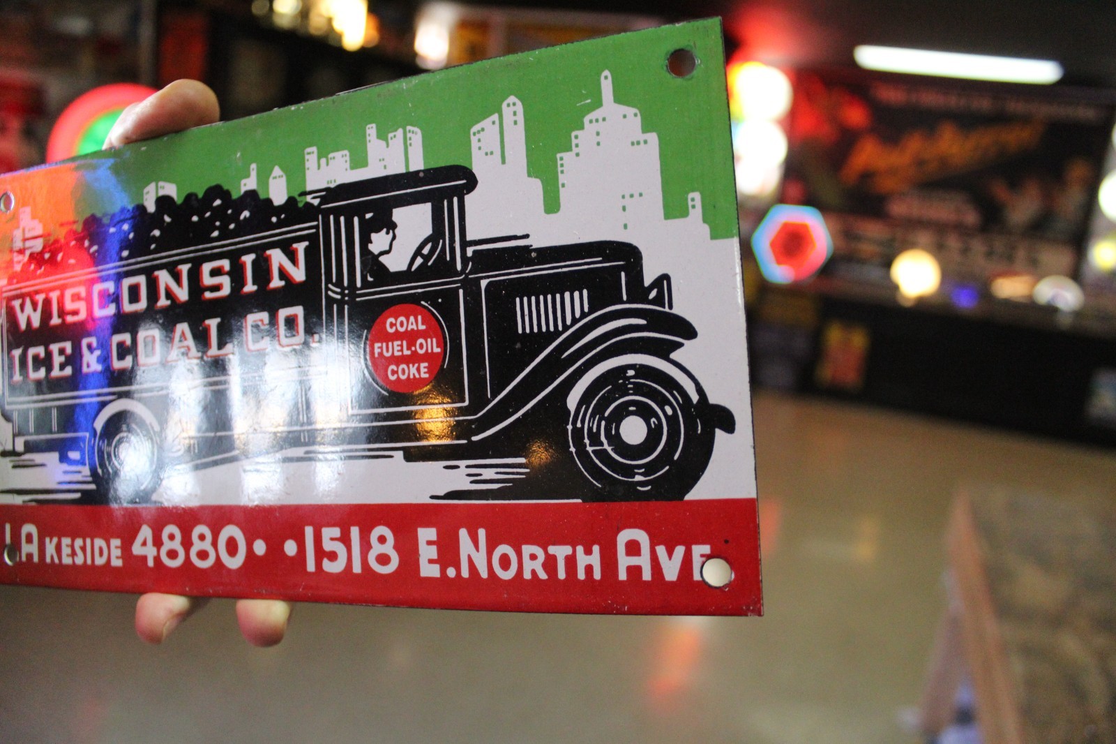 RARE WISCONSIN ICE AND COAL DEALER PORCELAIN METAL SIGN TRUCK GAS OIL MILWAUKEE