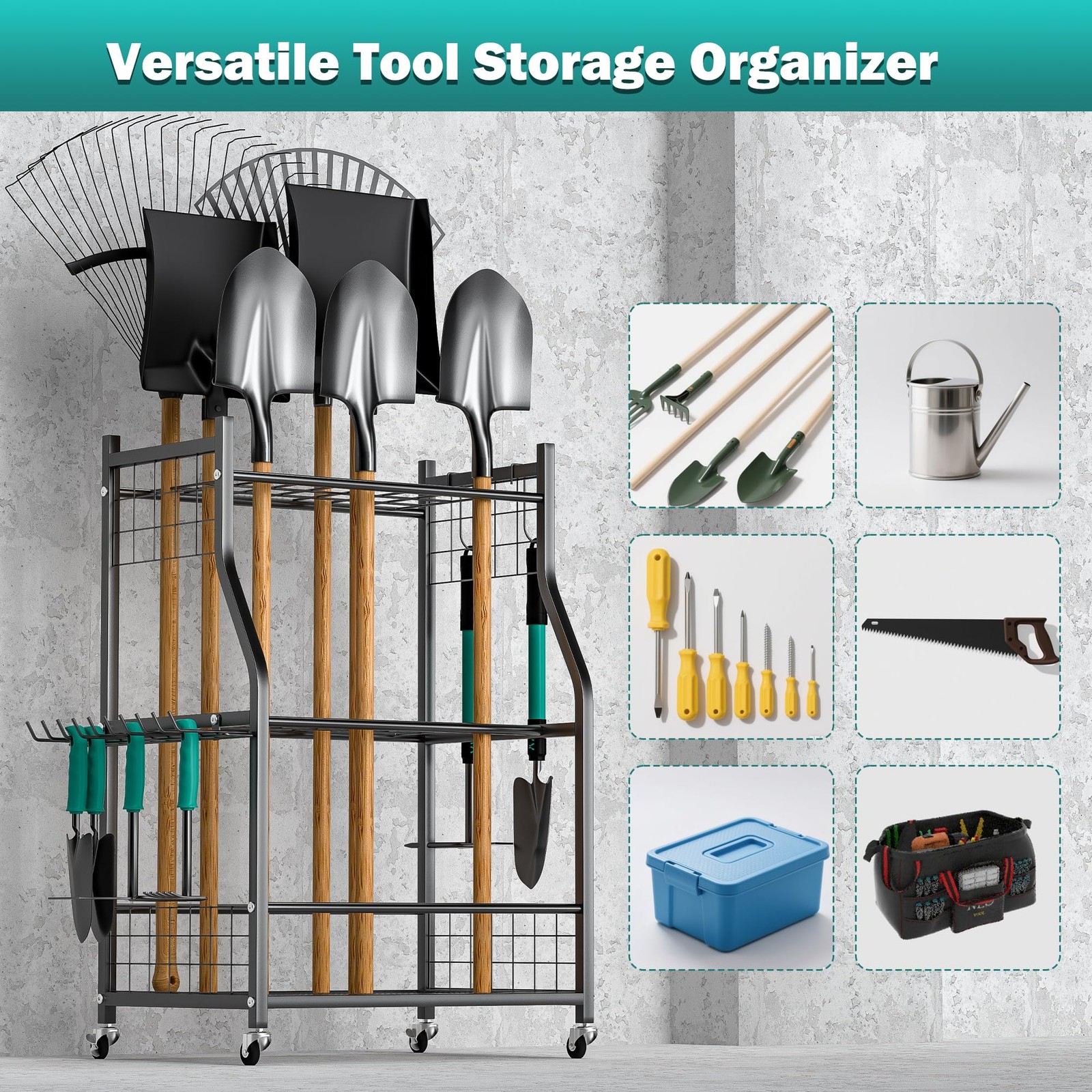 EVERHANGER Garden Tool Organizer Stand, Garage Storage Medium, Black