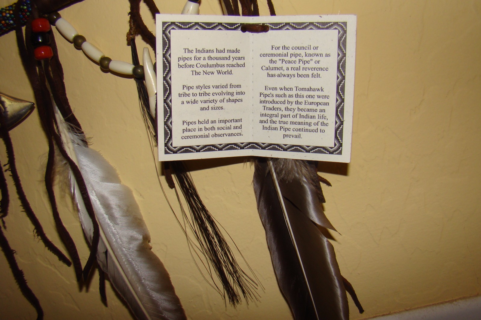 1-ONE Navajo Peace pipe 8" Long w/2 six" feathers, different color beads Works!!