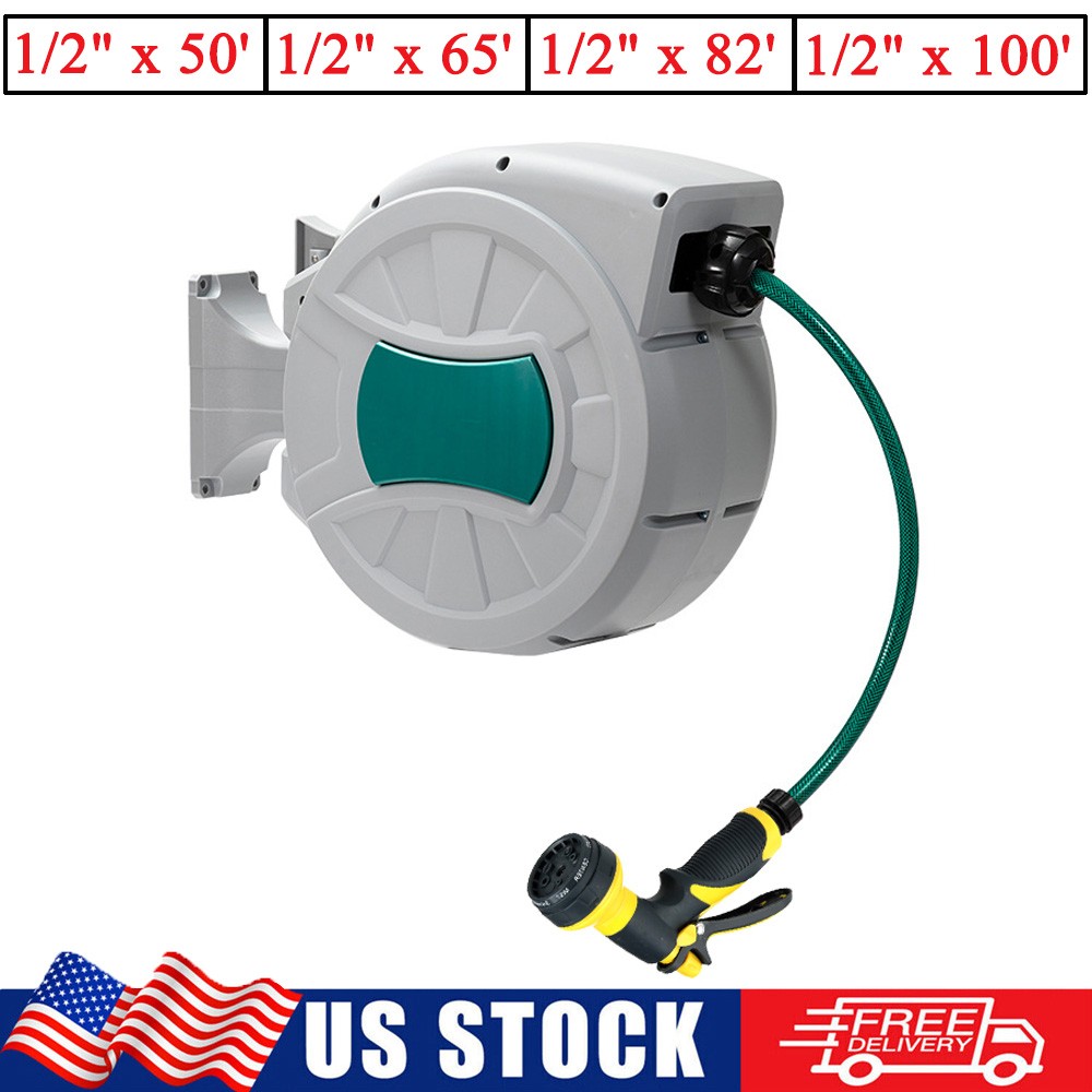 1/2" Retractable Hose Reel Auto Rewind Water Hose Reel 180° Swivel Wall-Mounted