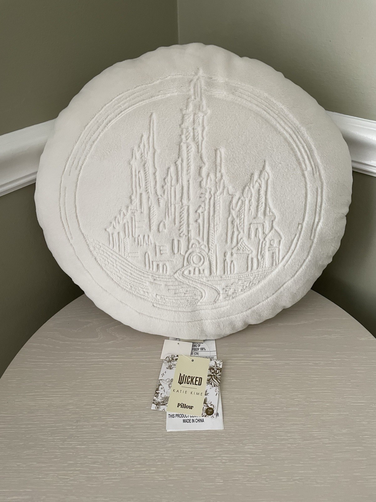WICKED For Good White Round Pillow Emerald City Katie Kime Glinda Castle NEW
