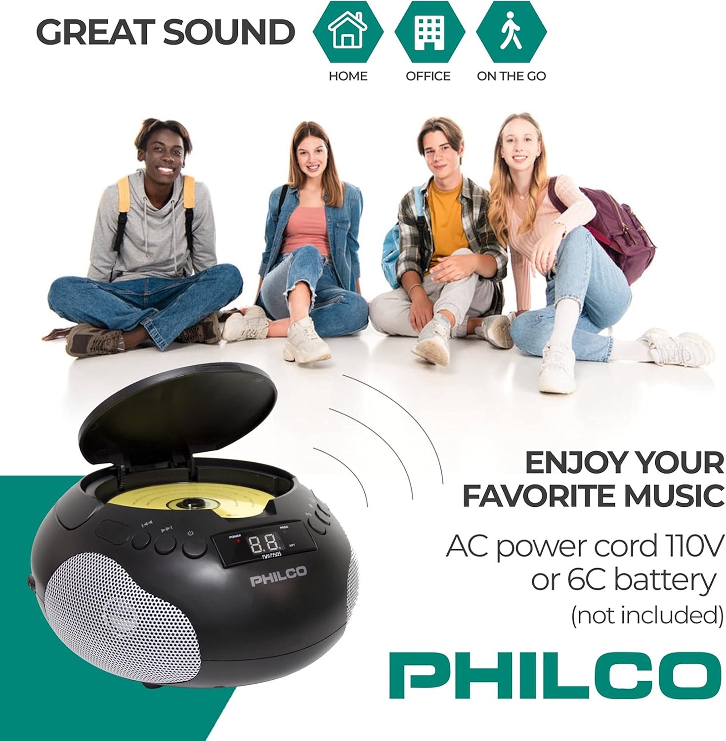 Philco Portable CD Player Boombox with Speakers, Radio, CD, 3.5mm Aux, LED