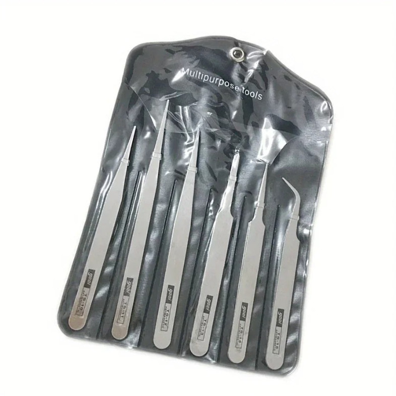6pcs Stainless Steel Solid Tweezers Set Precision Elbow Tools Silver - NEW