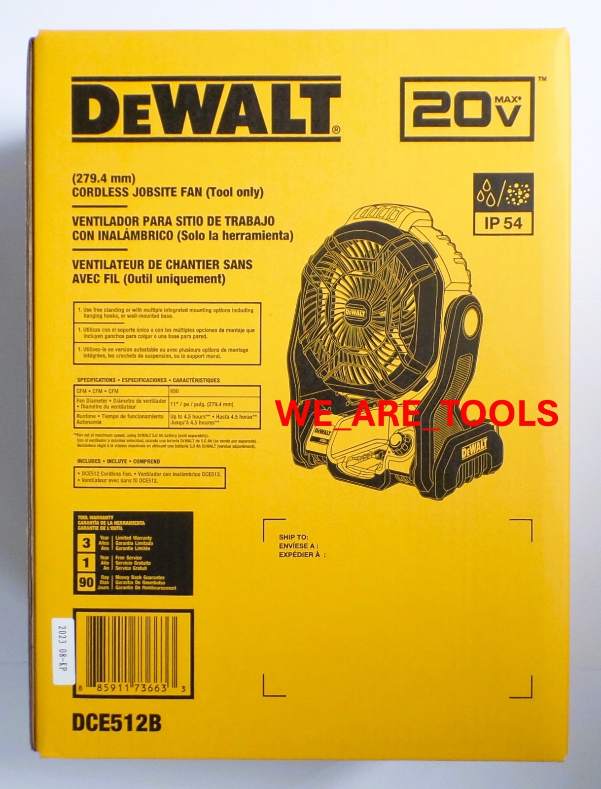 DEWALT DCE512B Cordless Jobsite Fan 650 CFM 11" FAN 20V 20 Volt Cordless