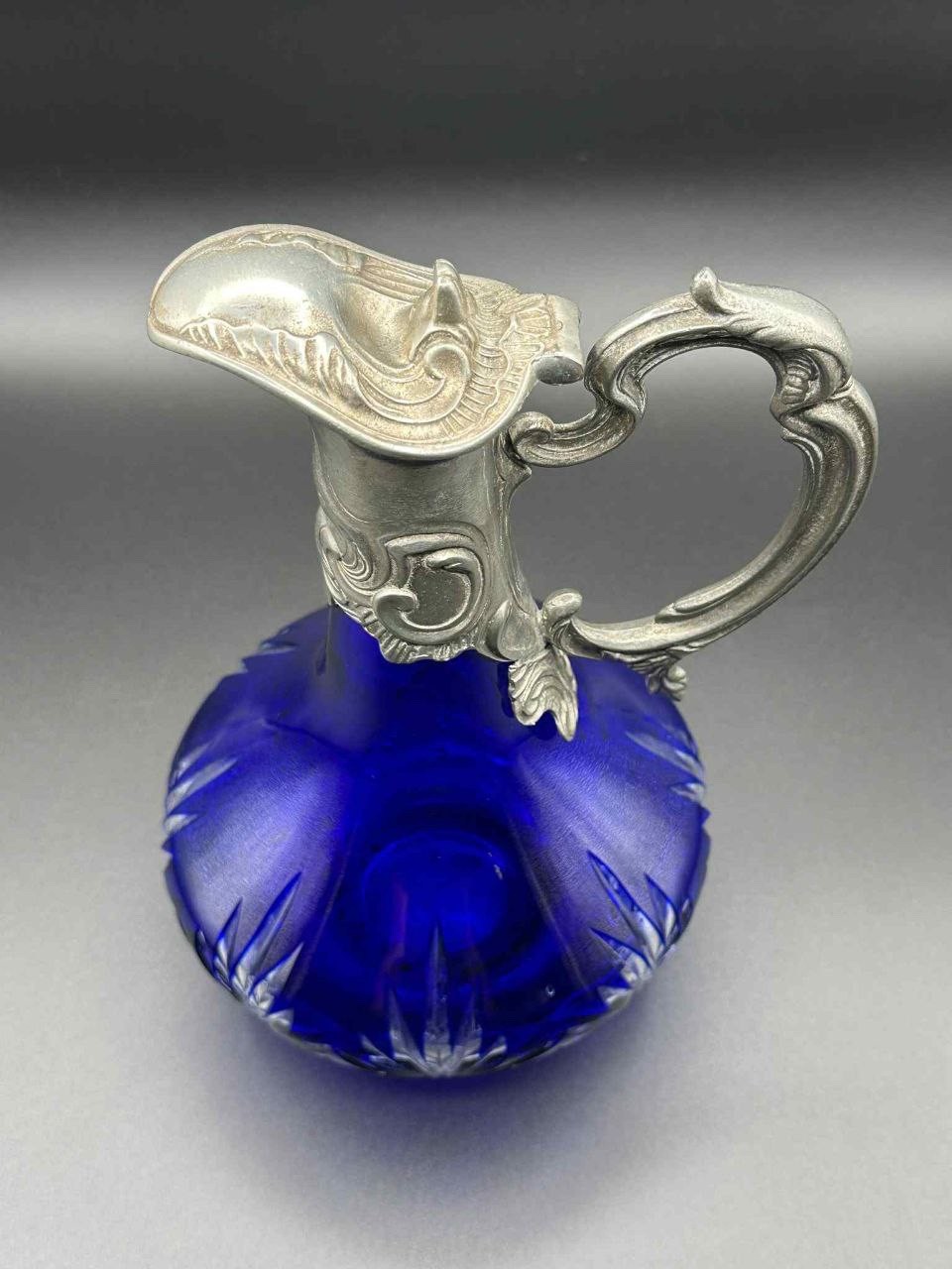 Antique Bohemian Cobalt Cut Glass Pitcher Pewter Mounted Art Nouveau 8.75”