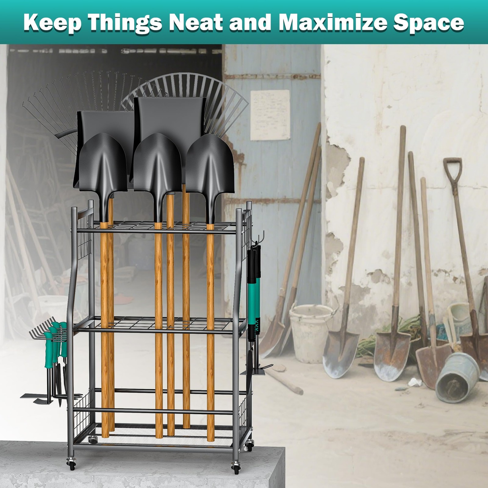 EVERHANGER Garden Tool Organizer Stand, Garage Storage Medium, Black