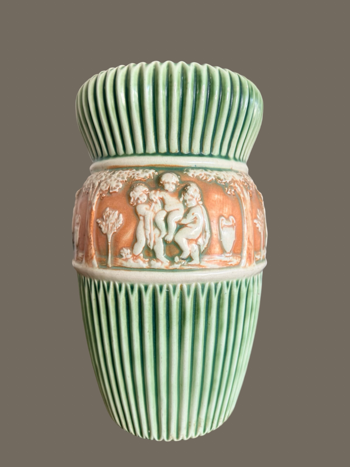 Large Antique Roseville Donatello Tall Vase Cherub Art Pottery Green 1916