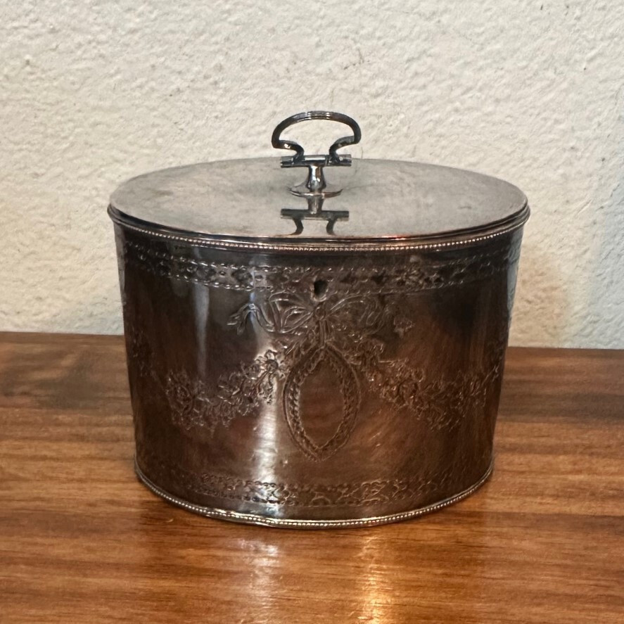 Antique English Silverplate Tea Box Caddy w Lock - Engraved Floral Swag Motif