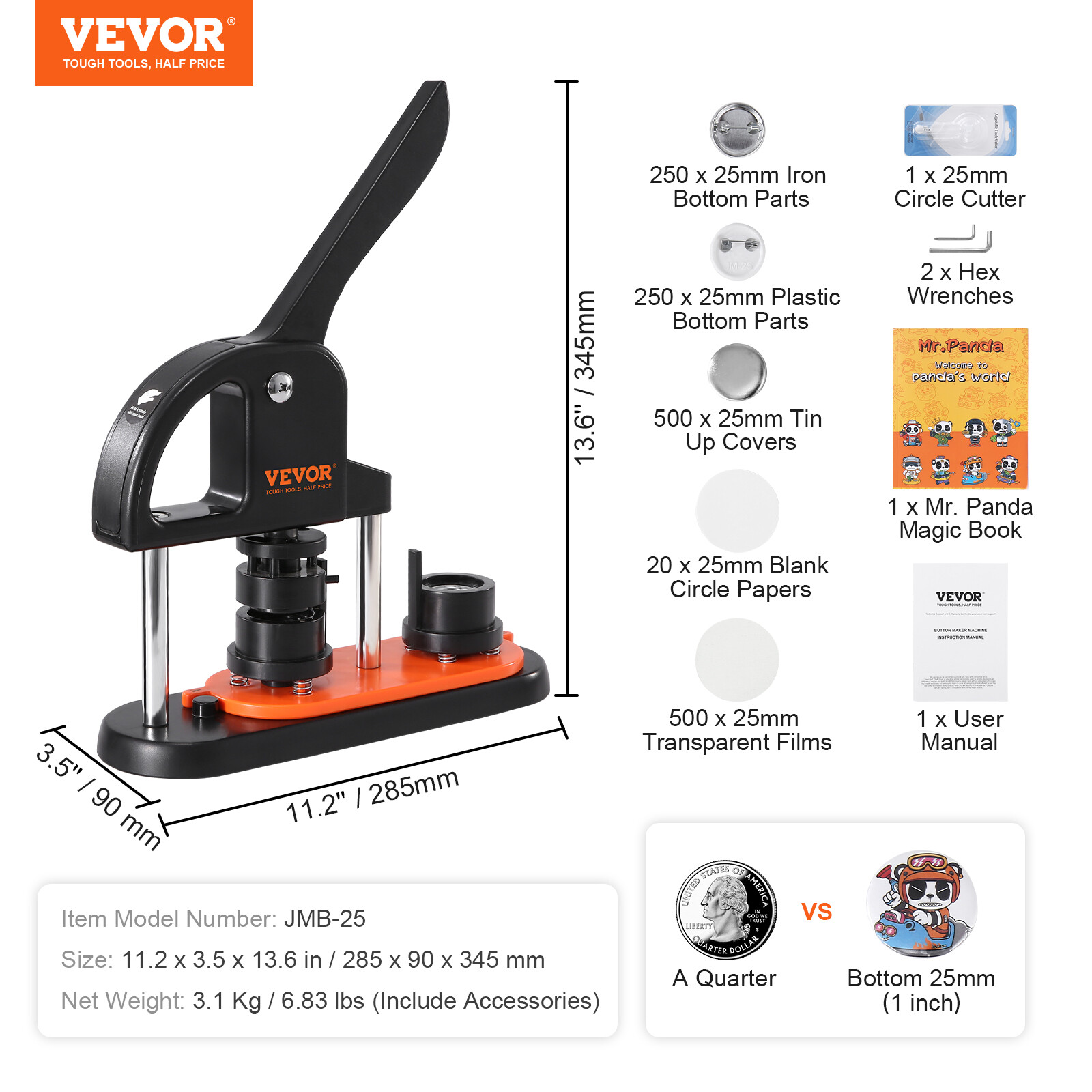 VEVOR Button Maker Machine Badge Maker 0.98" 25mm 500 Button Parts+Circle Cutter