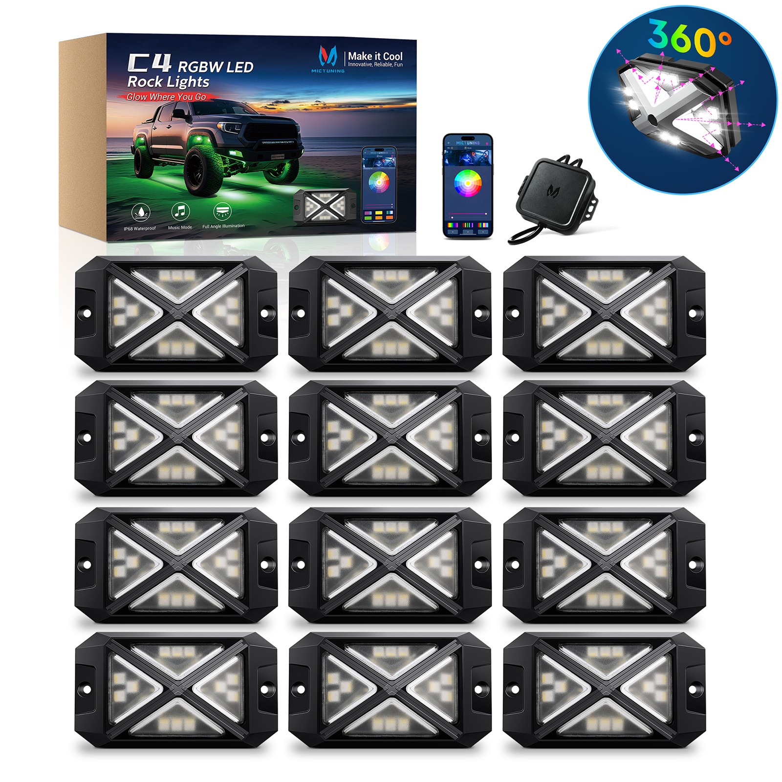 MICTUNING C4 RGBW LED Rock Light,12-Pods Car Underglow Neon Accent Light LED Kit