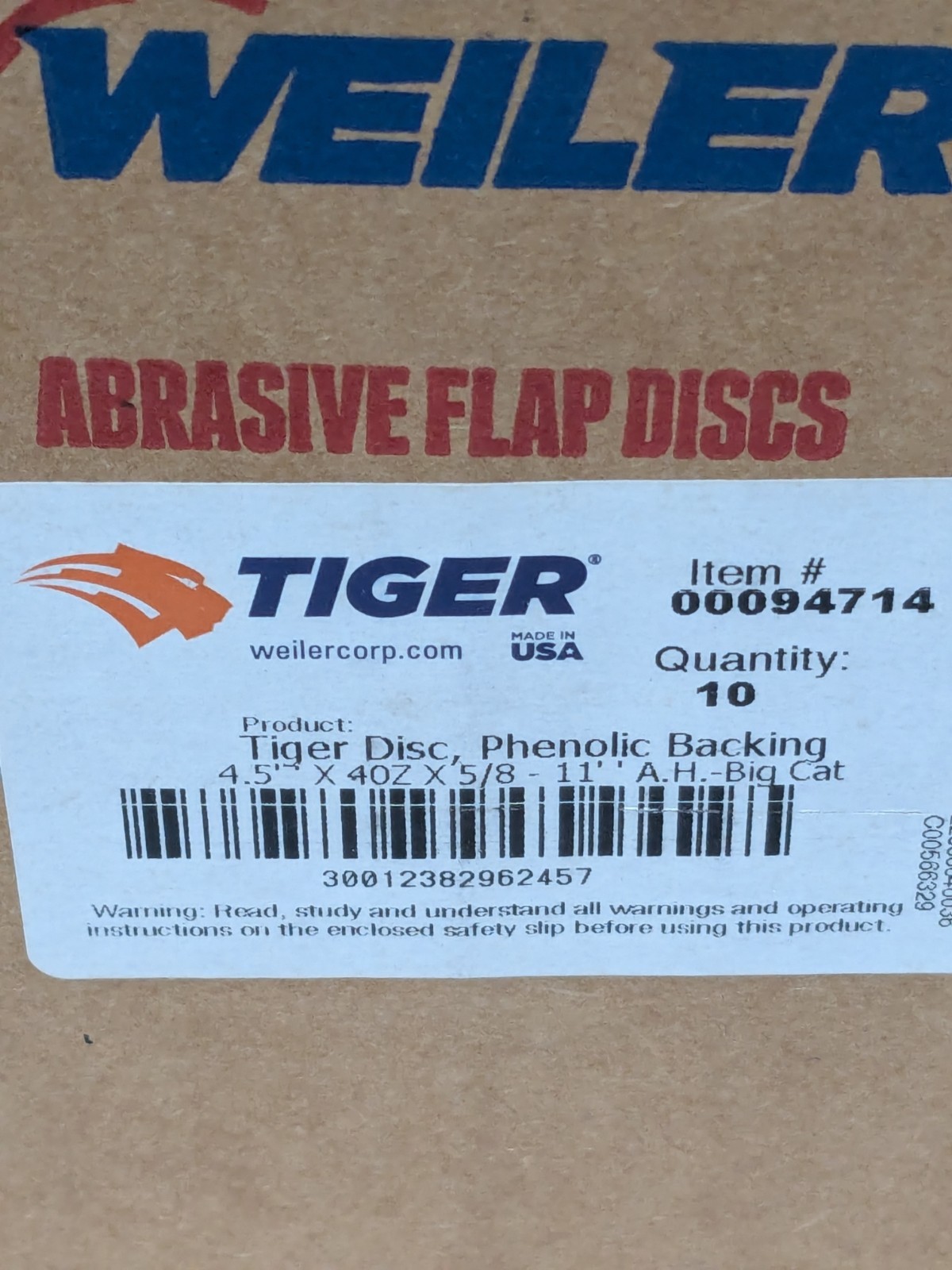 Weiler Flap Disc: 4-1/2" Dia, 40 Grit, Zirconia Alumina, Type 27 Box of 10 96245