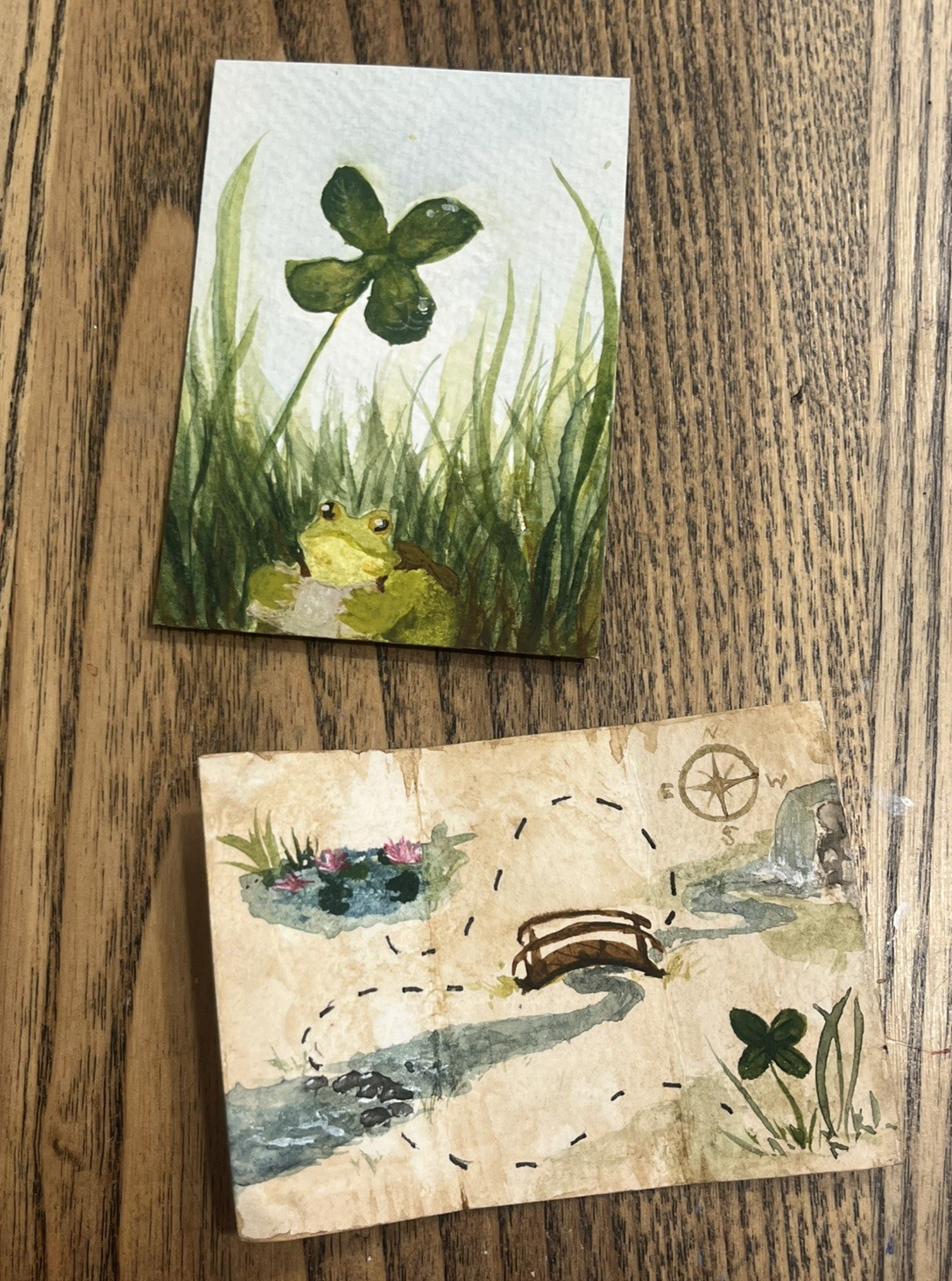 ACEO PRINT froggy’s adventure 1/2 lil frog clover Watercolor Painting 3.5x2.5
