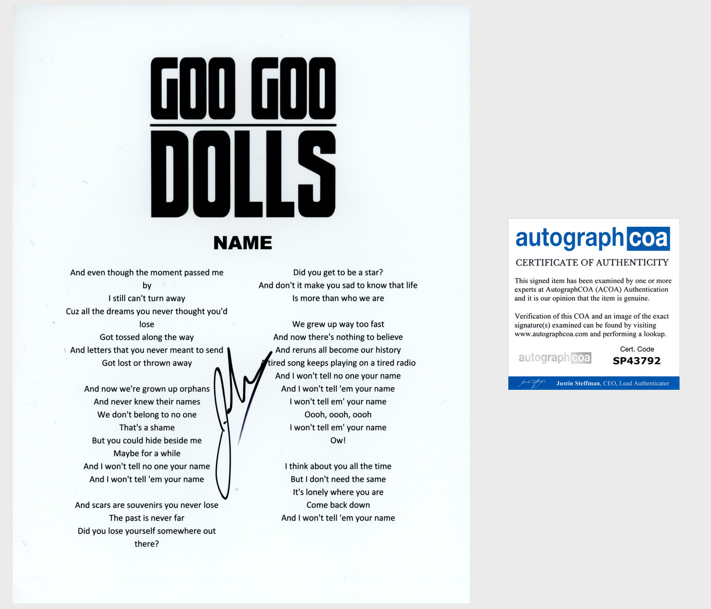 JOHNNY RZEZNIK SIGNED GOO GOO DOLLS NAME LYRIC SHEET EXACT PROOF & AUTOGRAPH COA