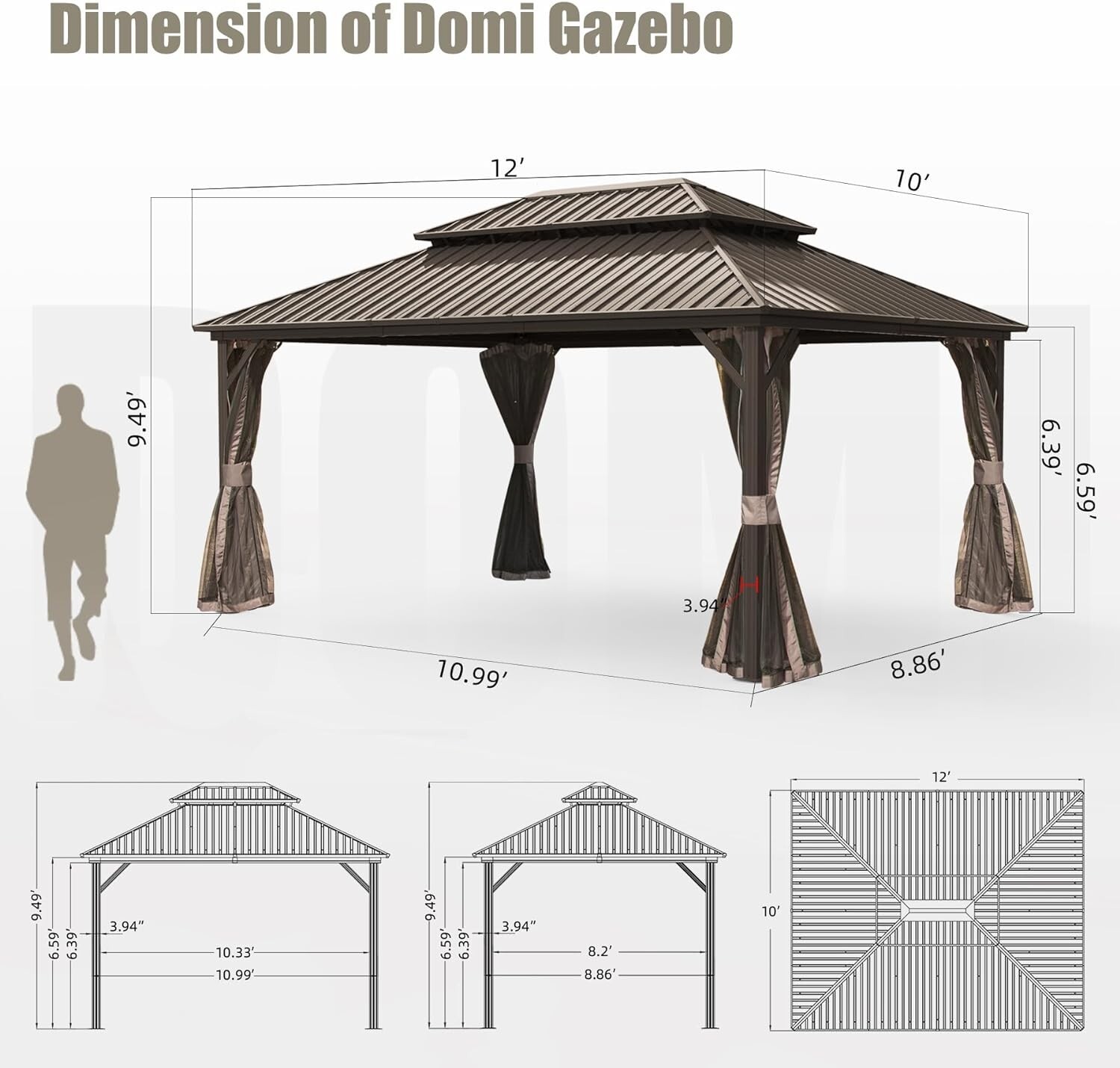 Domi 10’ x 12’ Hardtop Gazebo Outdoor Aluminum Gazebo w/Curtains and Net, Brown