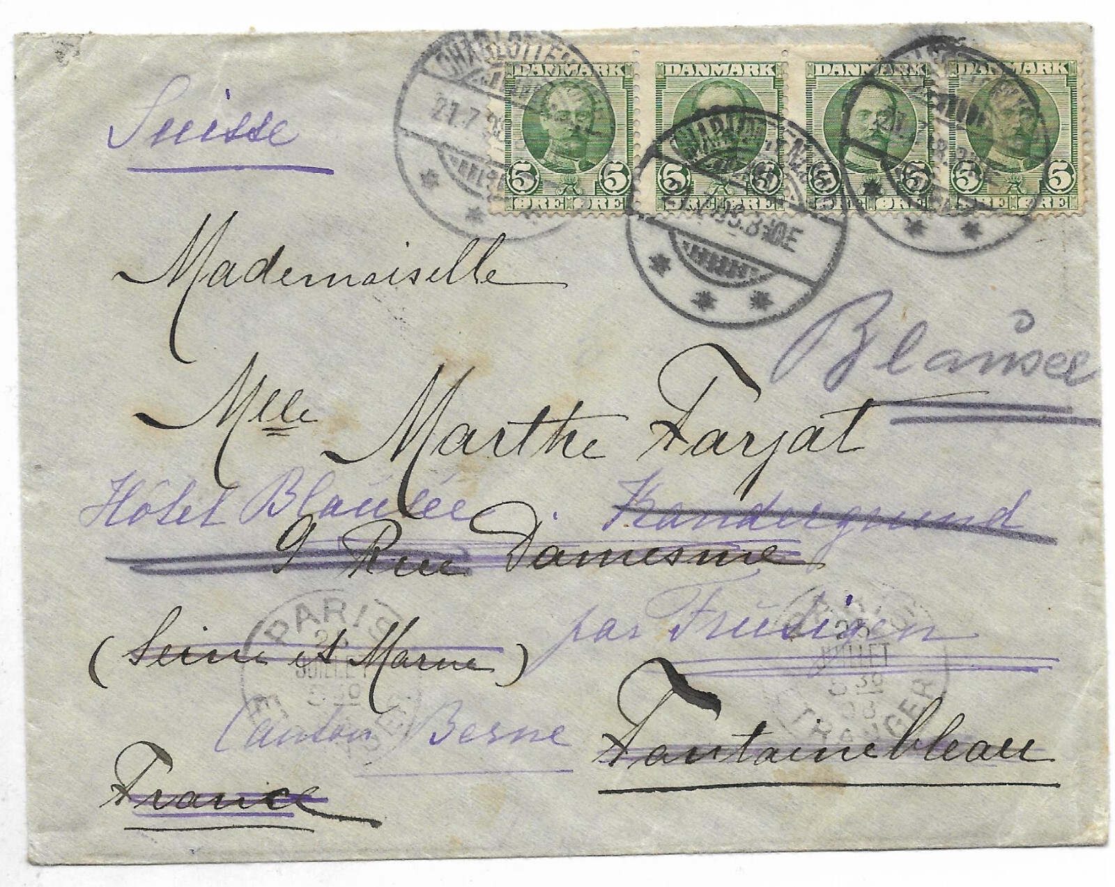DENMARK to SWITZERLAND Re-Sent Cover 1908 VF CHARLOTTENUND cancel