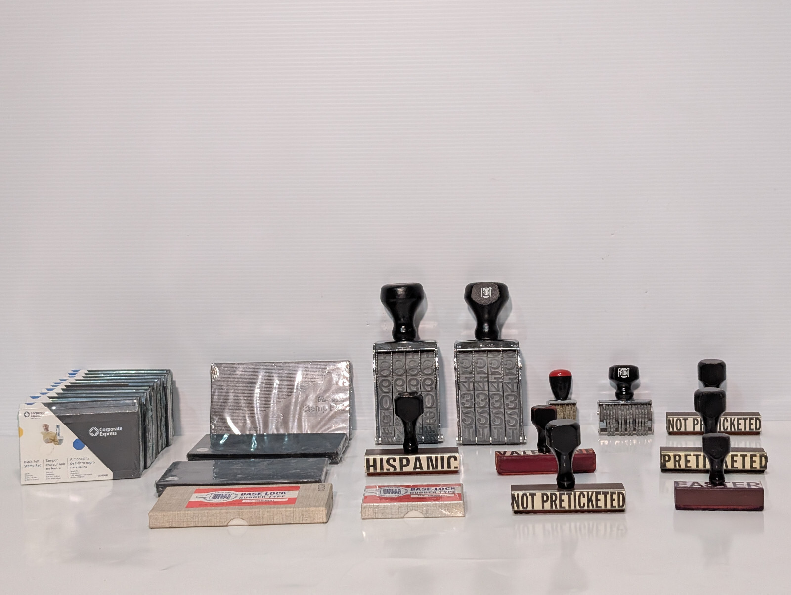 Lot of 25: Assorted Commercial, Retail, Stamps, Stamp Pads, Band, Type Font