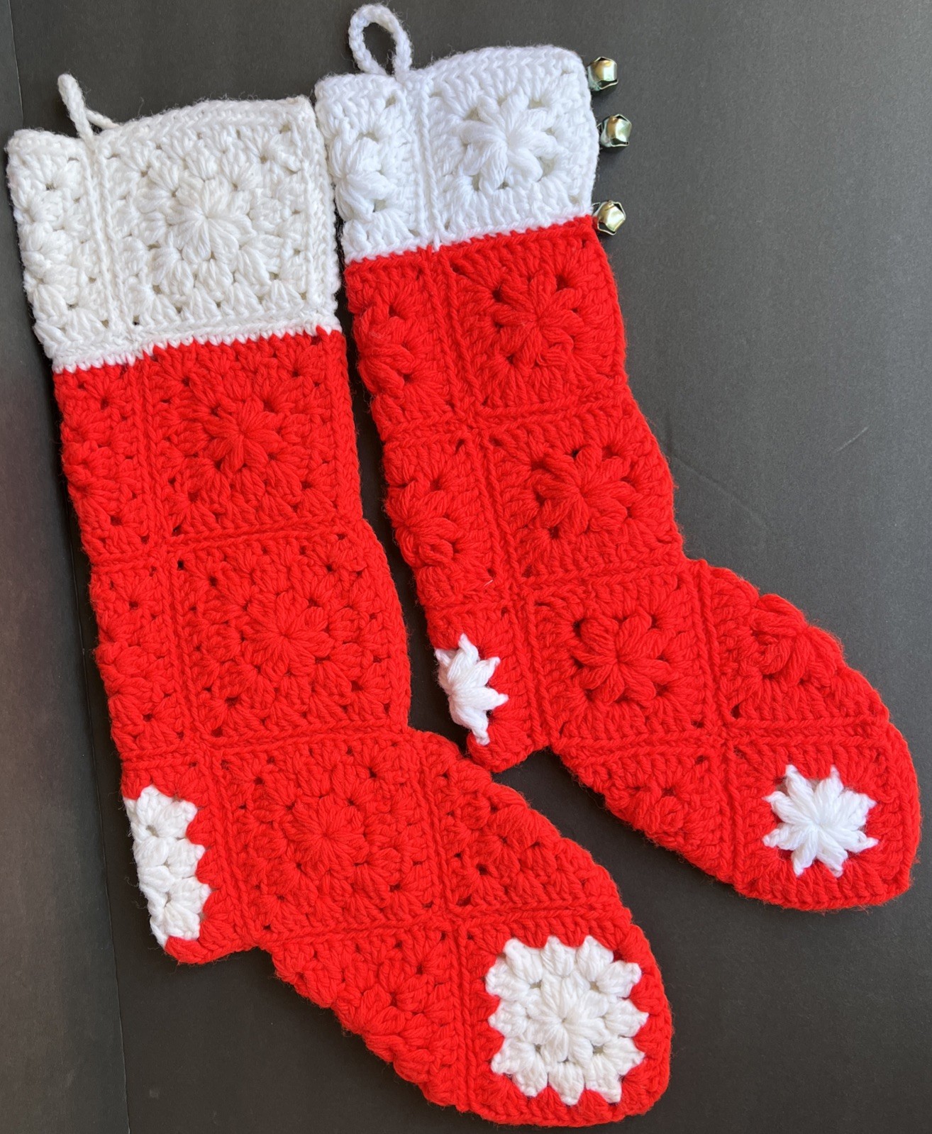 VTG Crochet Christmas Stockings Pair Red White Granny Squares Handmade 21” & 17”