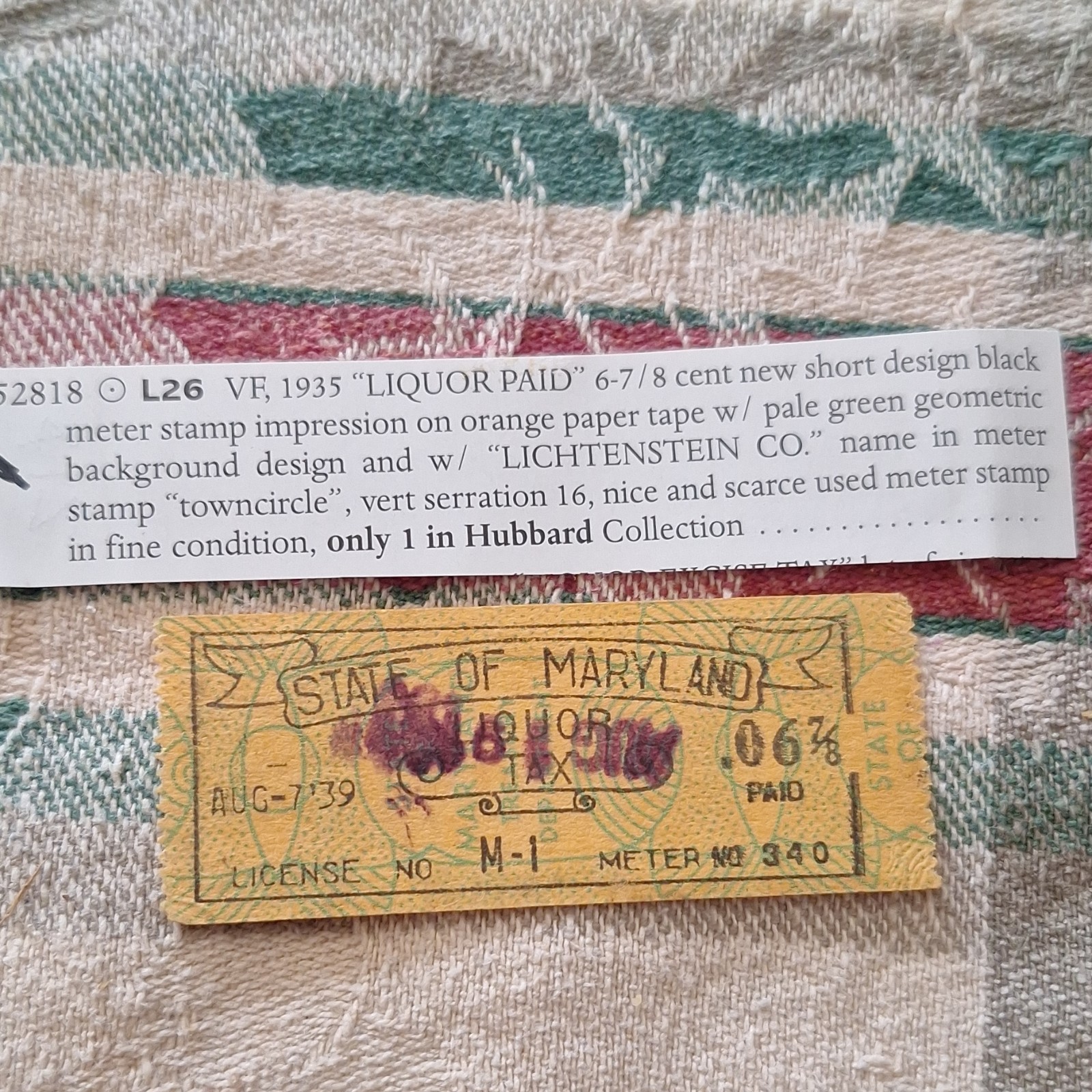 United States 1935 6-7/8 Cent Liquor Paid Revenue Stamp Yellow Pale Green Black