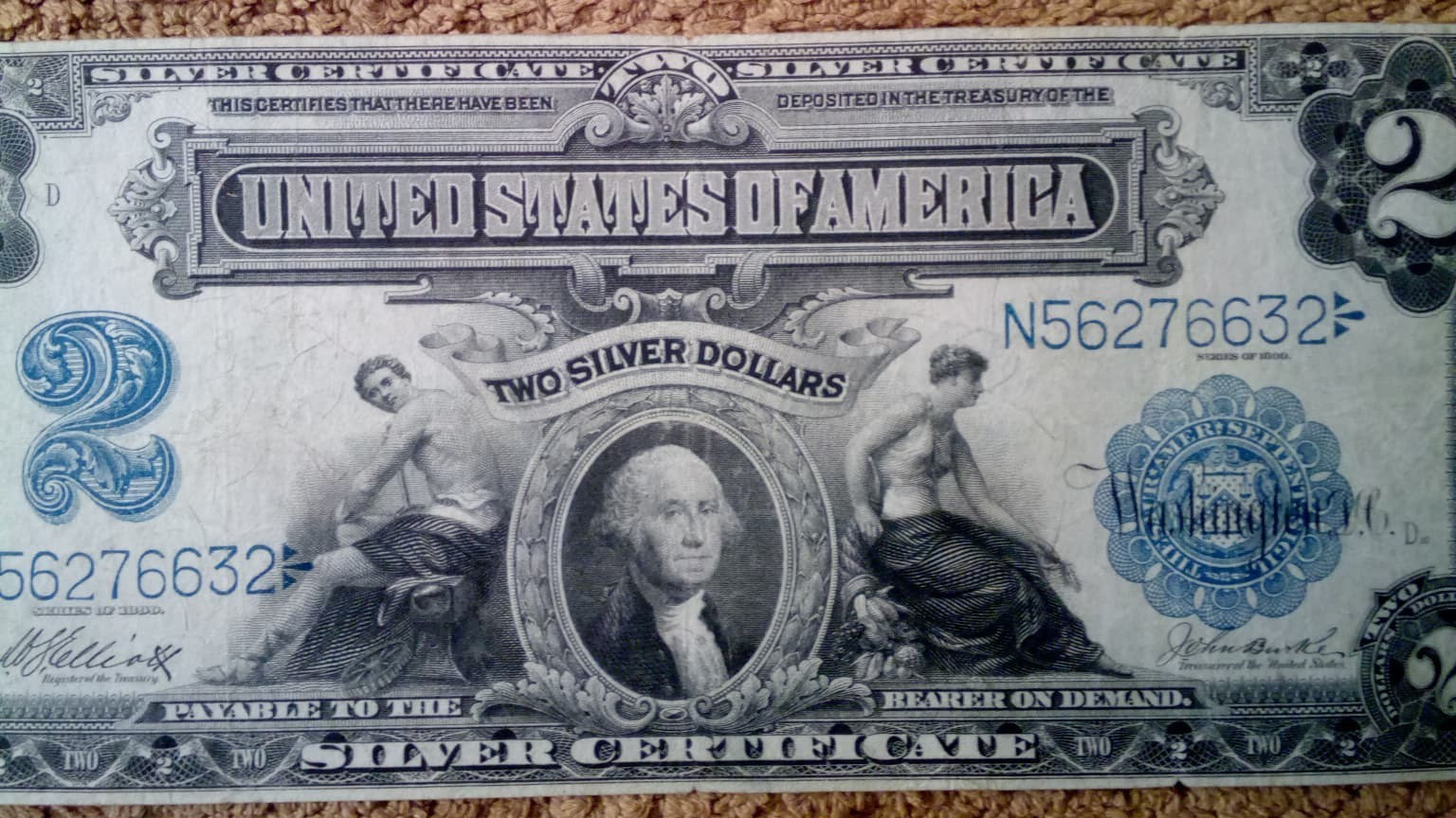 1899 $2 TWO DOLLAR SILVER CERTIFICATE NOTE (NICKNAME OF MINI PORTHOLE), VF+/VF++