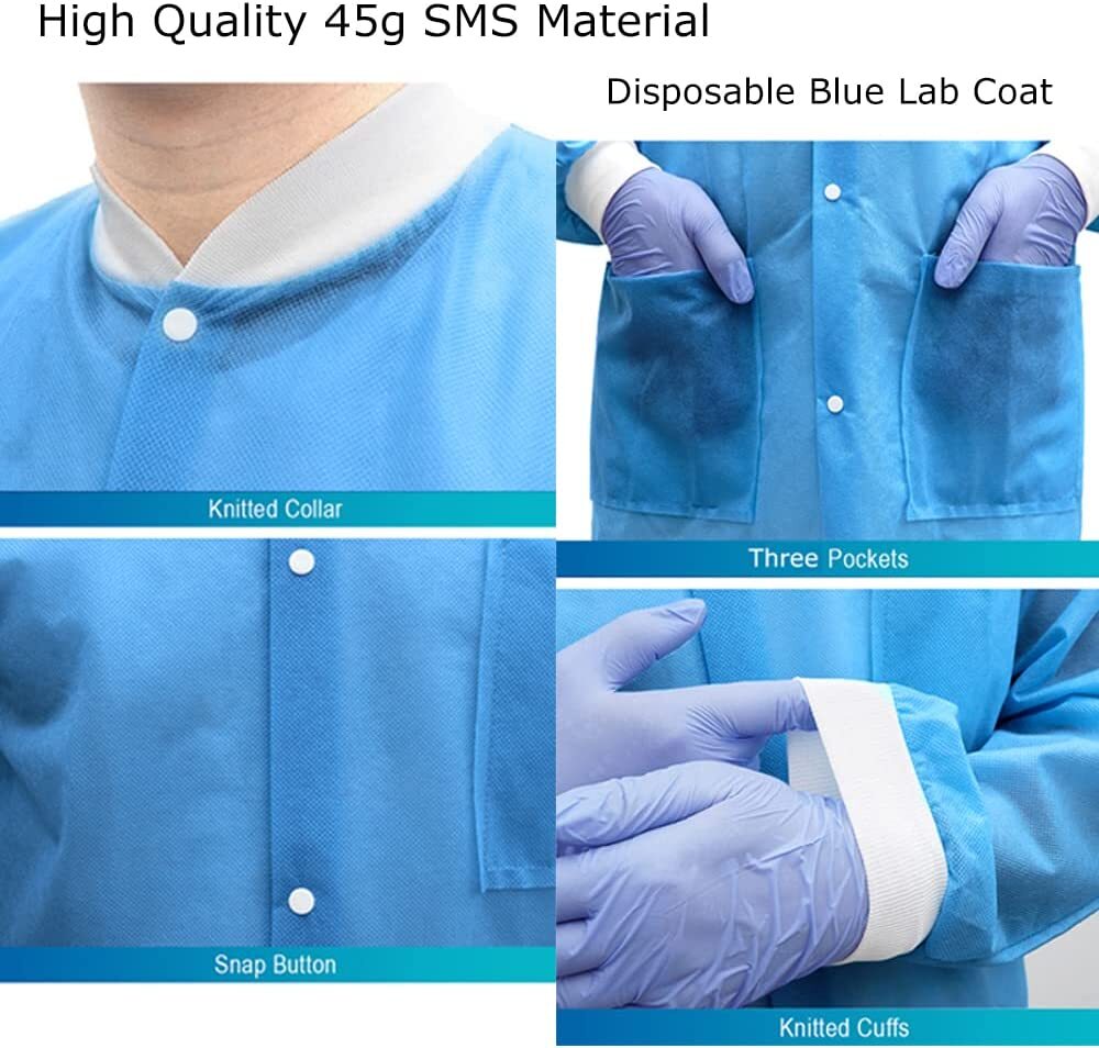 10-50 Count Disposable SMS Lab Jackets Lab Coats 45GSM With Pockets