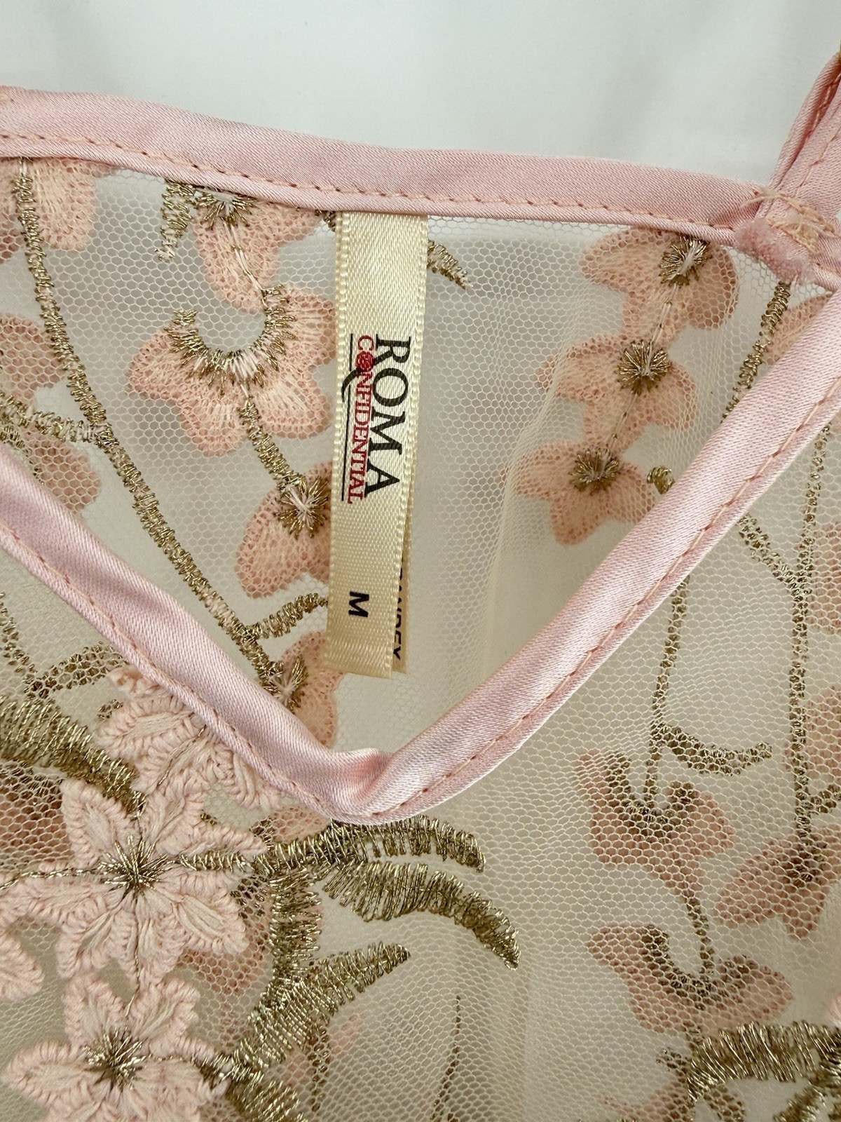 Y2K Roma Confidential Lace Sheer Floral Camisole Size M Pink Gold Embroidery