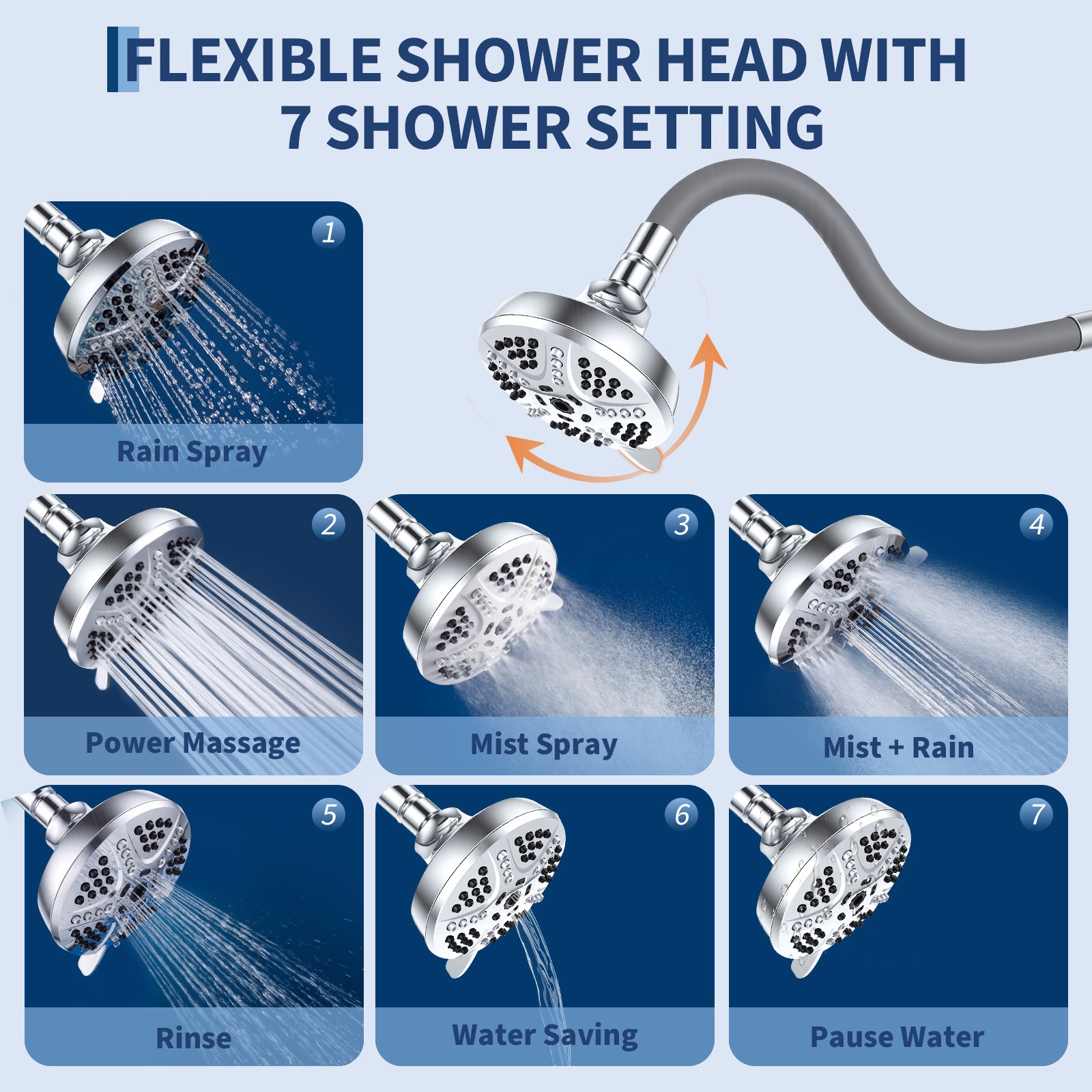 Flexible Shower Head with 18-Inch Adjustable Neck 7-Spray Modes Wall-Mounted