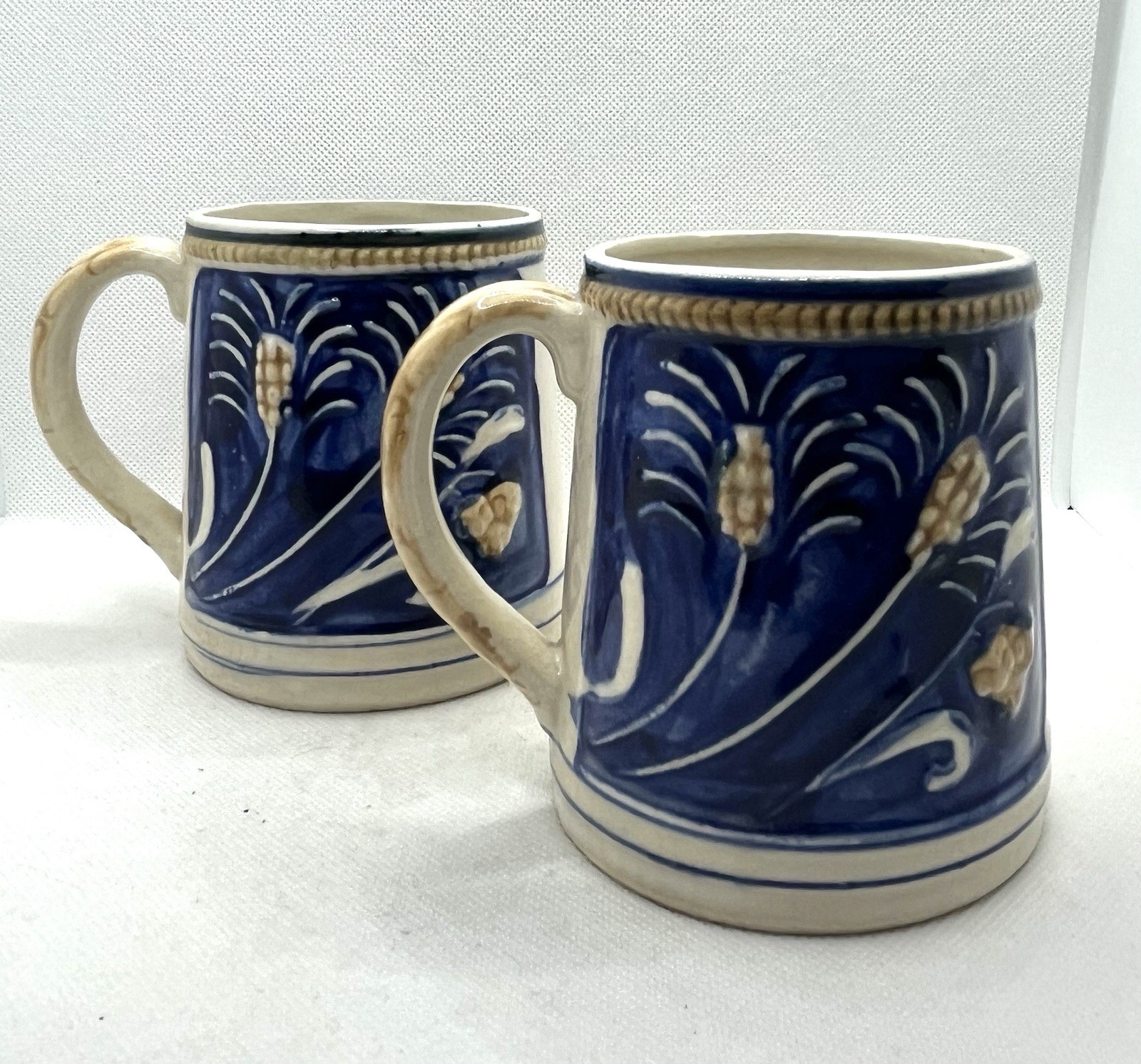 Vintage Ceramic Beer Mugs Cobalt Blue 2 Men In Tavern Scene & Wheat Japan 4”