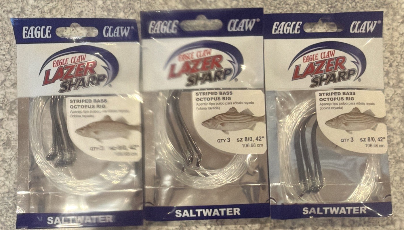 3 Packs Eagle Claw Striped Bass Octopus Rigs 8/0