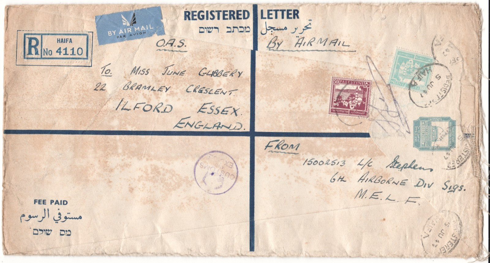 Palestine Air Mail 15m. Registered Letter O.A.S. Cover to UK - 1947 HAIFA CDS's