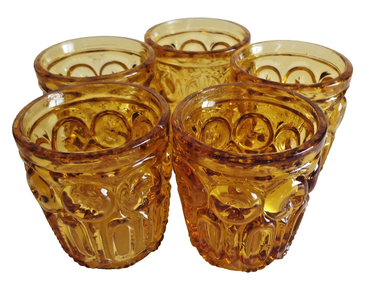 MCM CRYSTAL DECANTER STOPPER AND 5 CORDIAL/SHOT GLASSES AMBER BROWN GLASS VTG