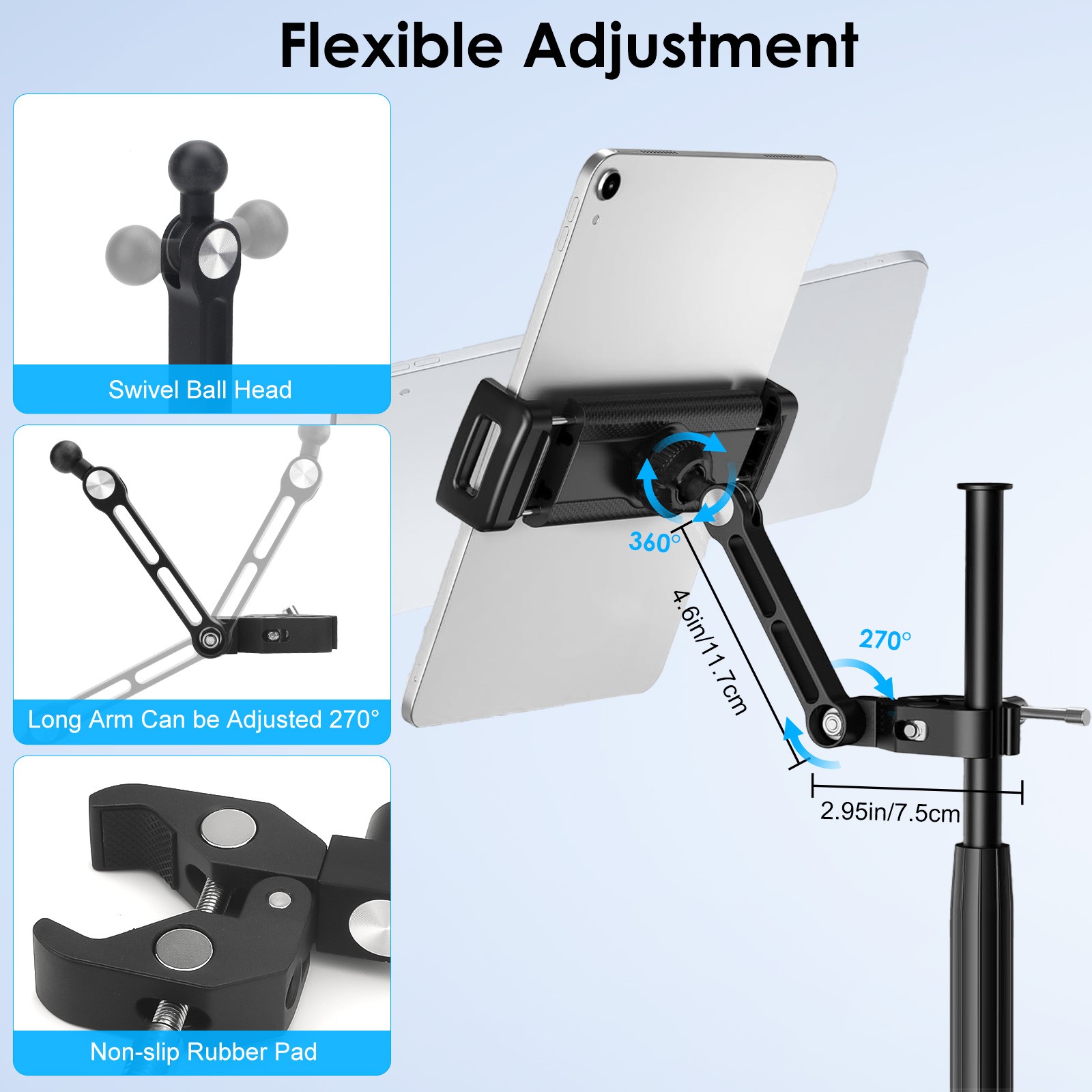 Mic Stand Tablet Holder Mount for 4.7–12.9" iPad iPhone Aluminum Adjustable