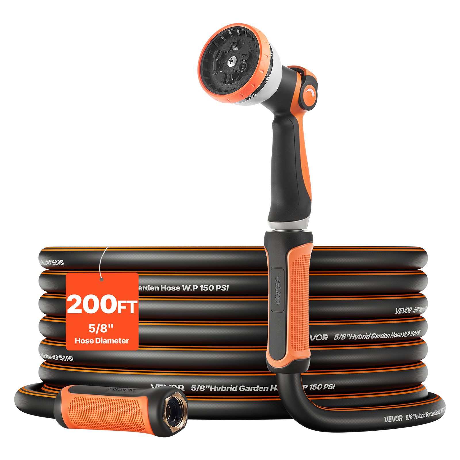 VEVOR Garden Hose 200ft 5/8" Rubber Water Hose with 10-Mode Nozzle Lightweight