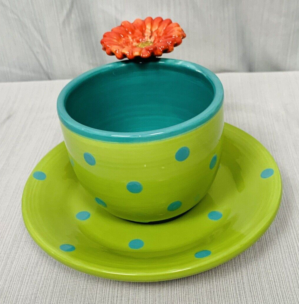 burton+Burton Ceramic Tea Cup & Saucer Polka Dot Flower on Handle Colorful
