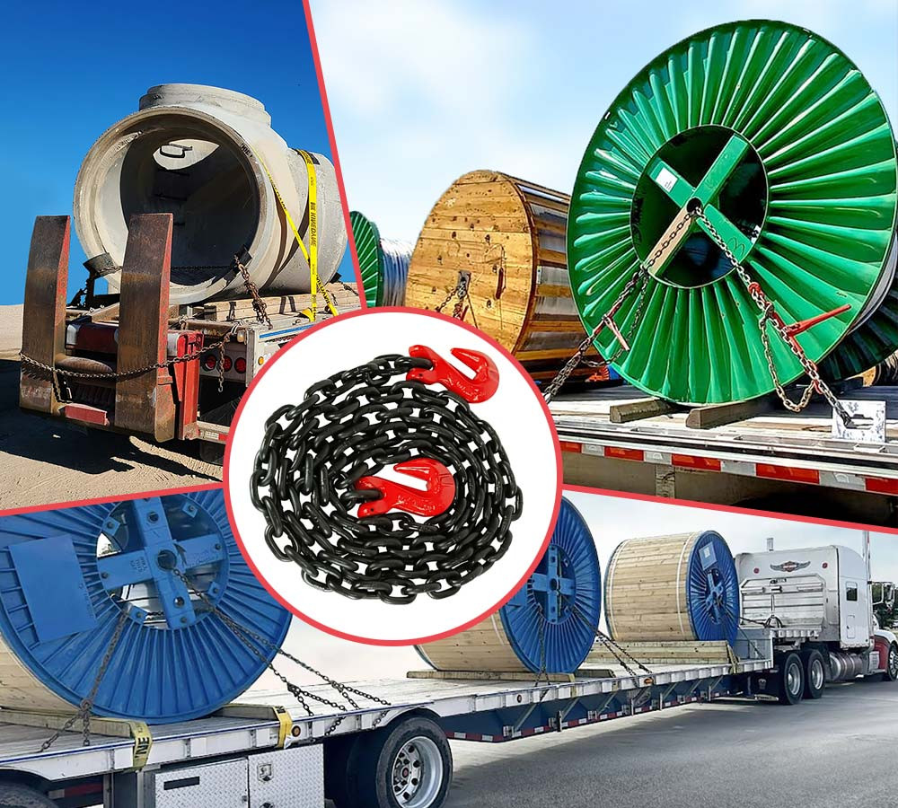 2 Pack G80 High Grade Transportation Chain w/ Grab Hooks - 3/8" x 16', 7100 l...