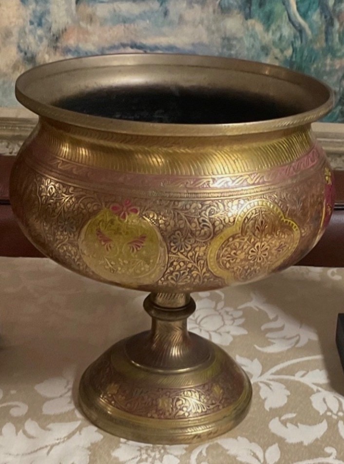 Etched Brass Pedestal Bowl Urn Peacock Floral Motif 7.3lb Ornate Centerpiece