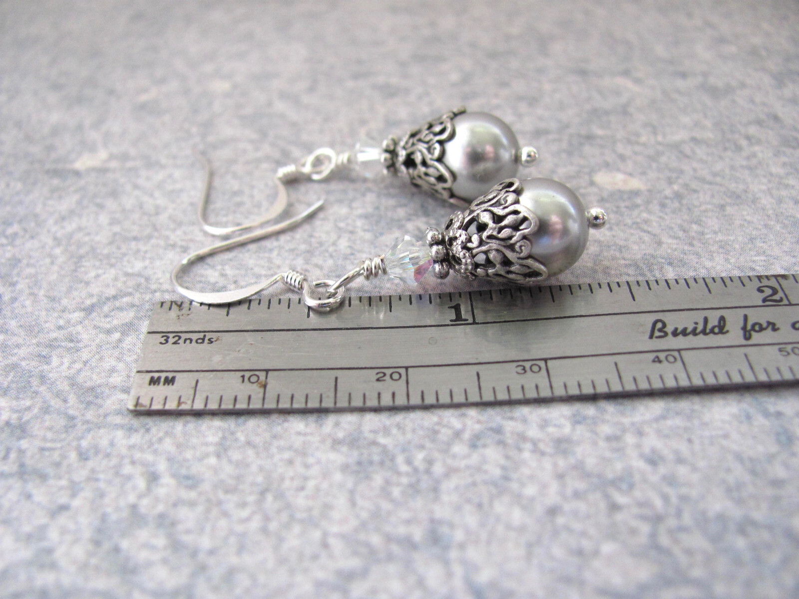 Silver Gray Crystal Pearl Earrings Birthday Wedding Gift Birthday Holiday Party