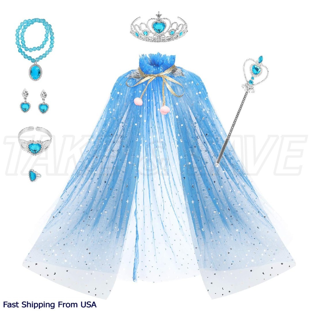 Princess Cape Set, 7 Pcs Girls Dress up Blue Cloak w/ Tiara Crown & Wand Costume