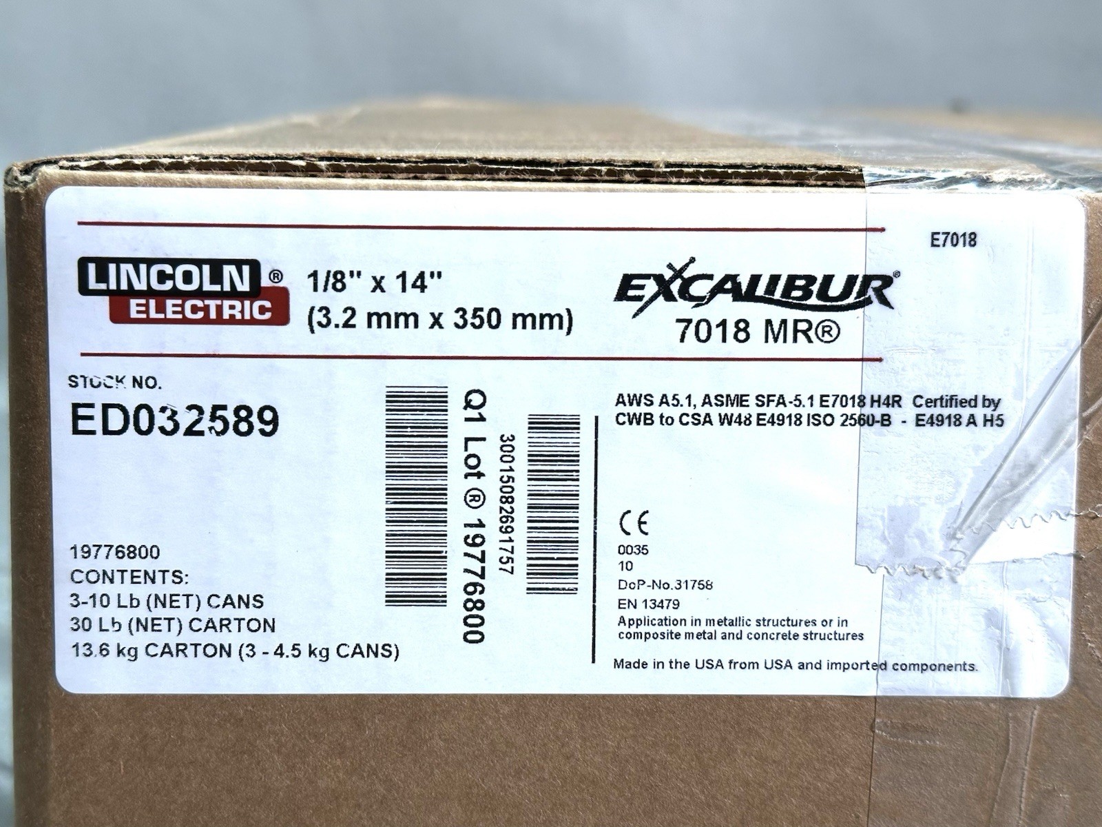 Lincoln ED032589 1/8" x 14" Excalibur 7018 MR Stick Electrodes 3-10lb Cans 30lbs