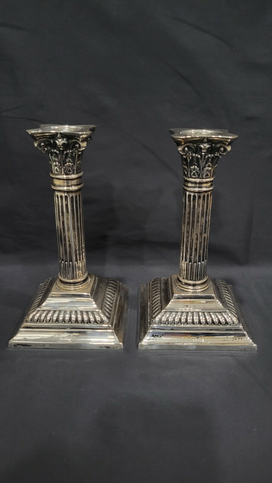 Two of Antique German Gebruder Deyhle 800 silver column candle sticks, 19th C.