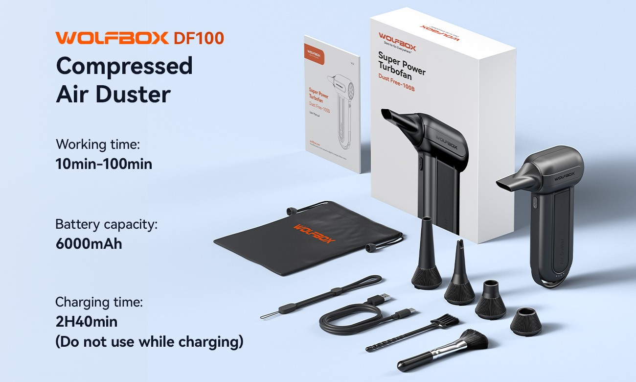 WOLFBOX Rechargeable Air Duster 150000RPM Brushless Motor Turbo Fan Blower DF100