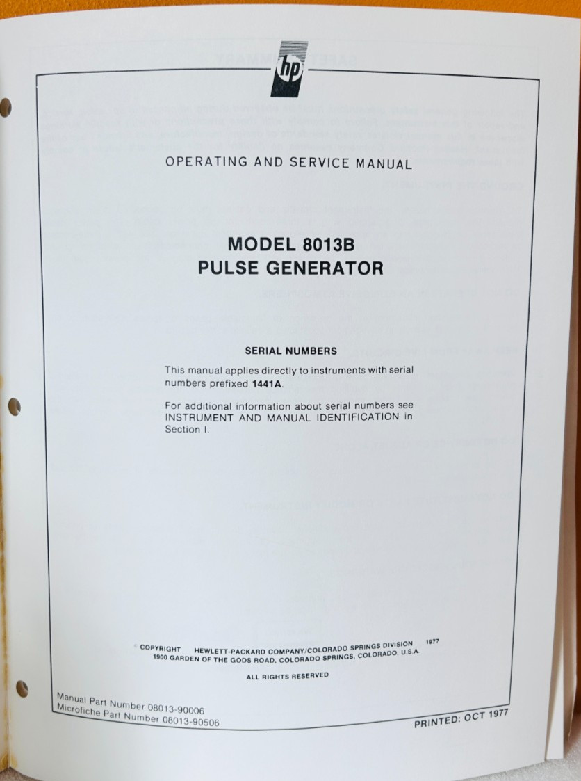 HP 08013-90006 1977 Model 8013B Pulse Generator Operating & Service Manual.
