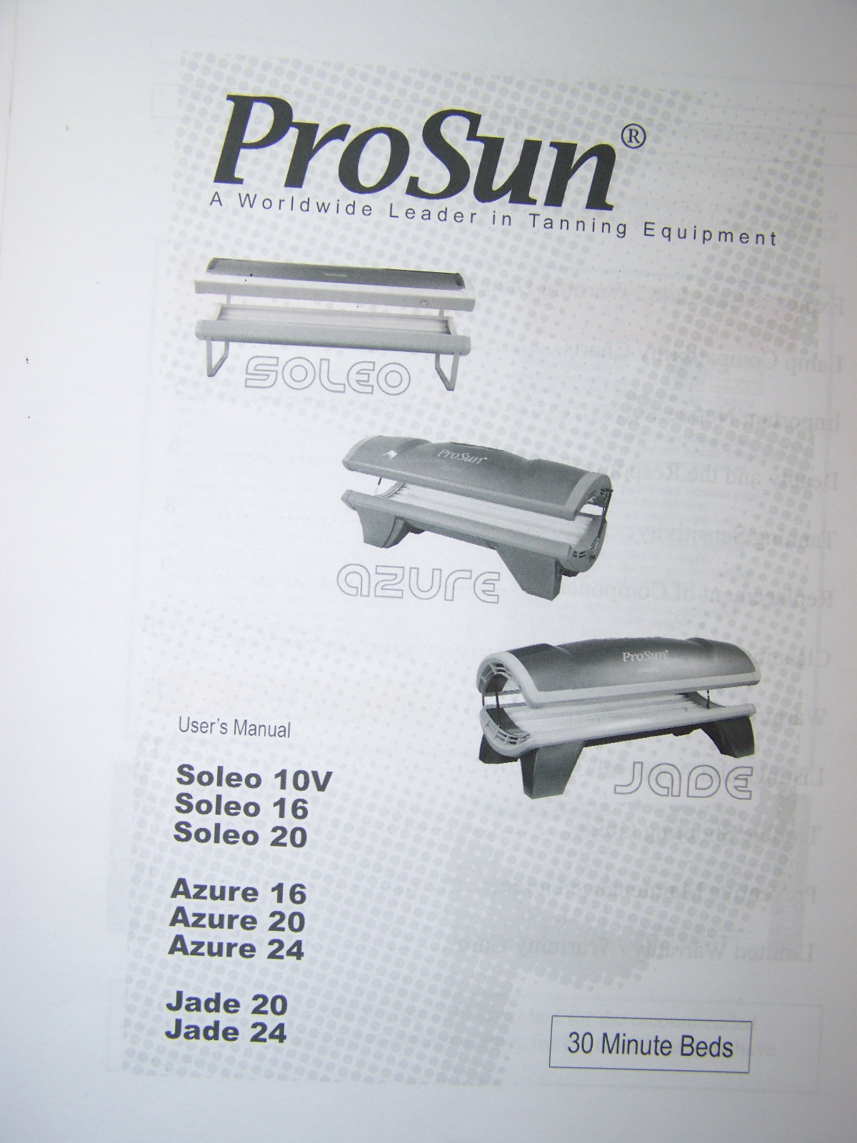 ProSun Tanning Bed User Manual Jade Soleo Azure 30 Minute Beds Pro Sun